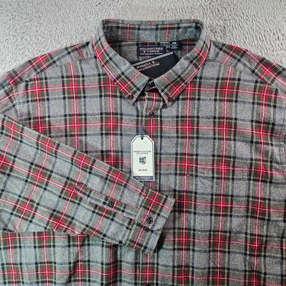 NWT Roundtree & Yorke Portuguese Flannel Shirt Men 4XB‎ Gray Red Plaid